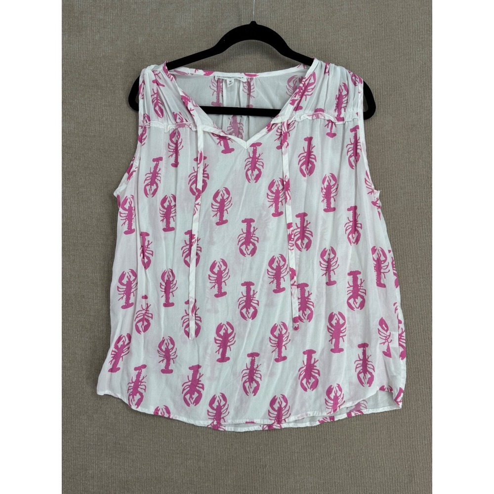 Grand & Greene Pink Lobster Print Sleeveless Tie Neck Blouse Medium